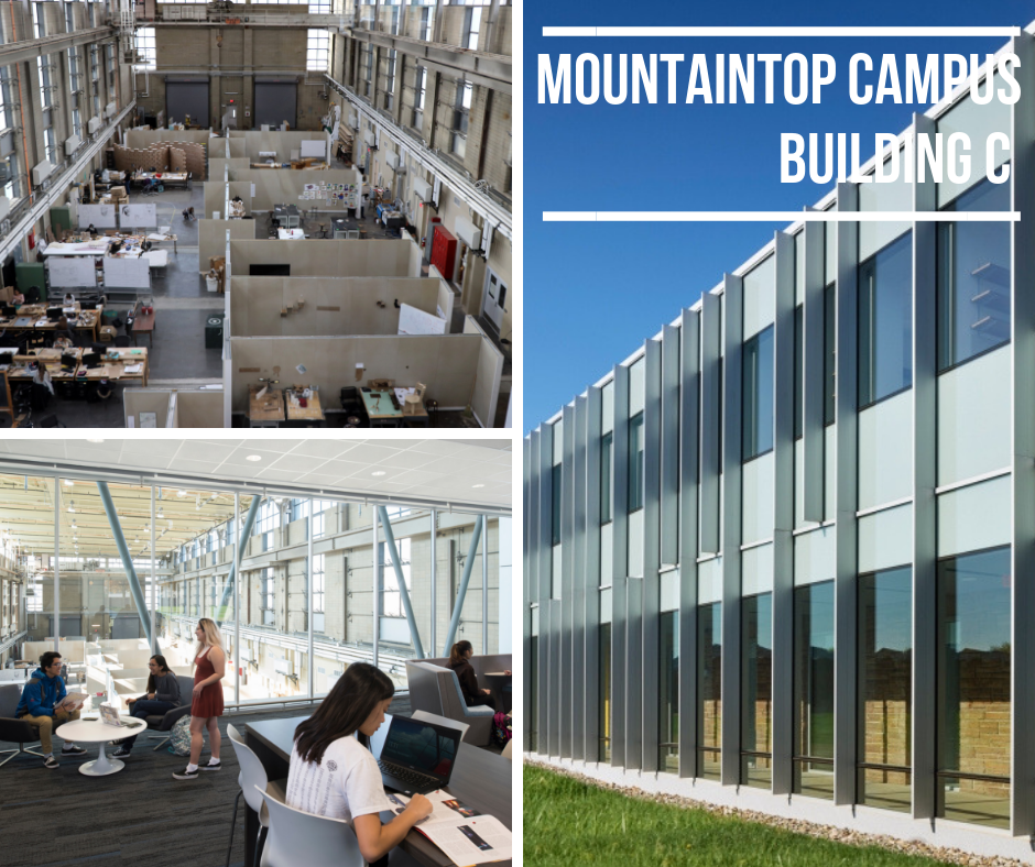 photo of study spaces in building C on mountaintop campus and building exterior