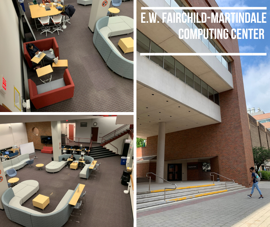 photo of study spaces in the EWFM Computing Center and building exterior