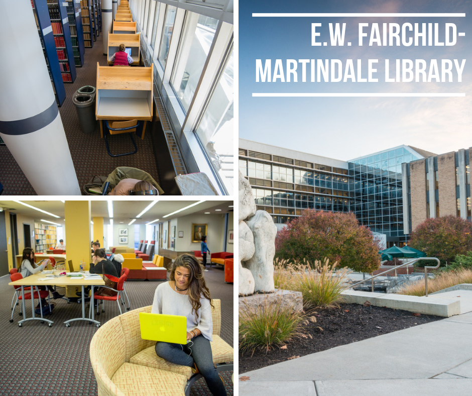 photo of study spaces in the EWFM Library and building exterior