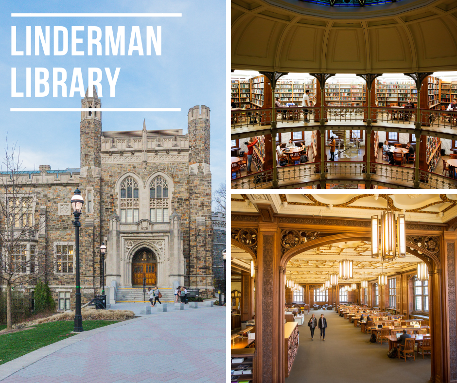 photo of study spaces in Linderman Library and building exterior