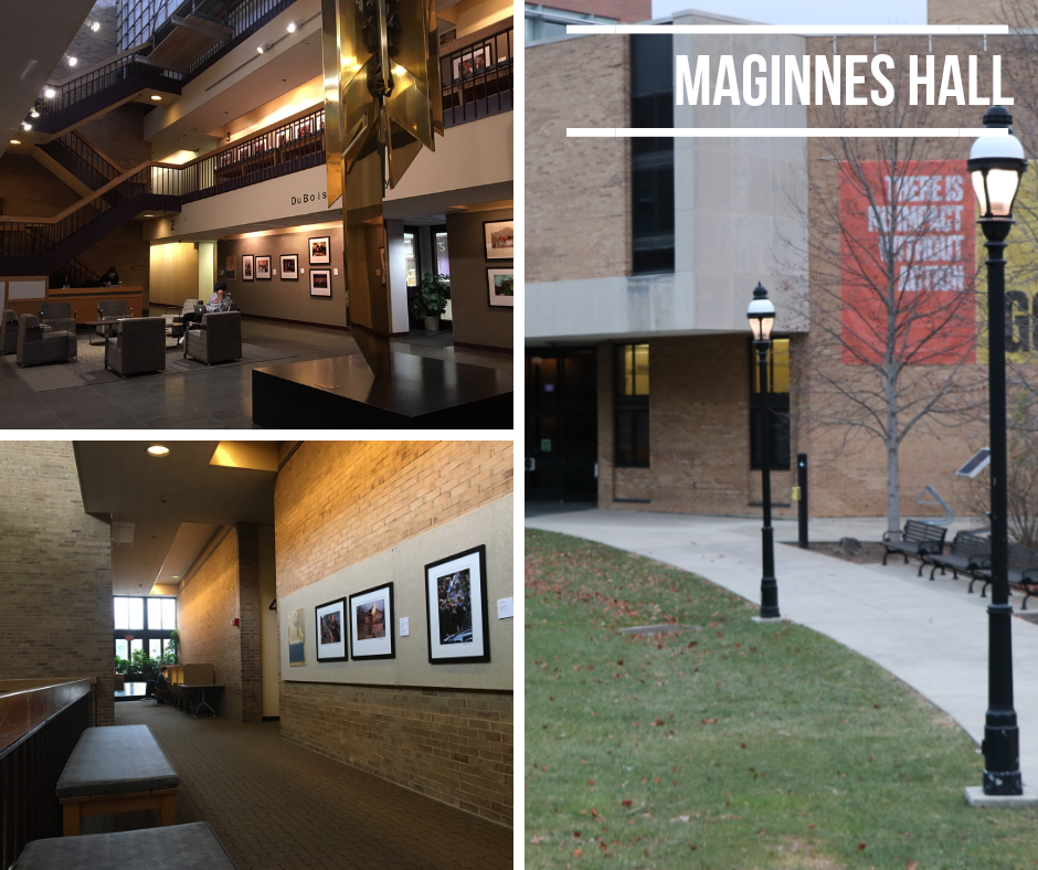 photo of study spaces in Maginnes Hall and building exterior