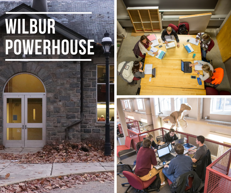 photo of study spaces in the Wilbur Powerhouse and its exterior