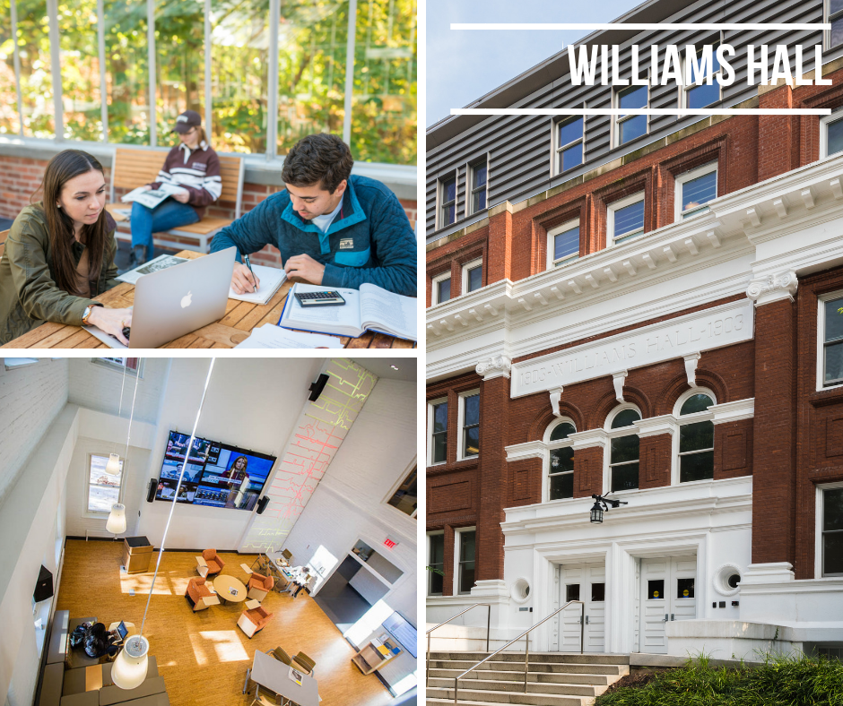 photo of study spaces in Williams Hall and its exterior