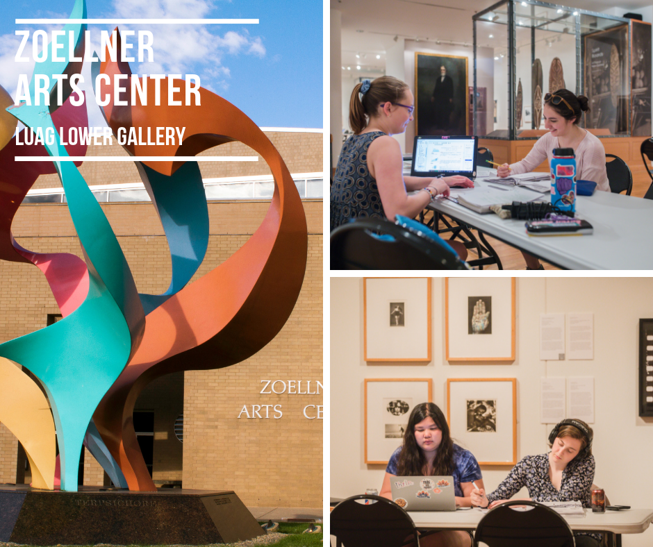 photo of study spaces in the Zoellner Arts Center Art Galleries and its exterior