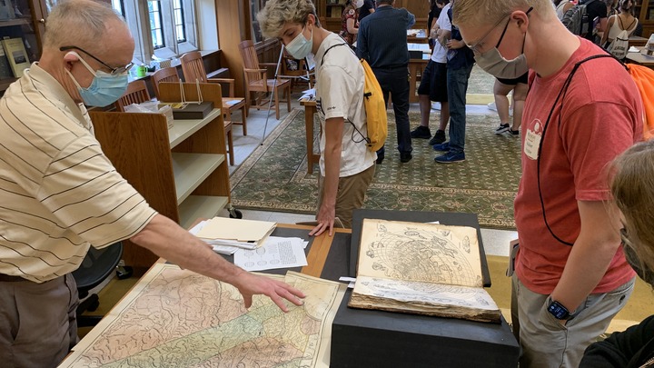 Brian Simboli showing students colonial map of Pennsylvania