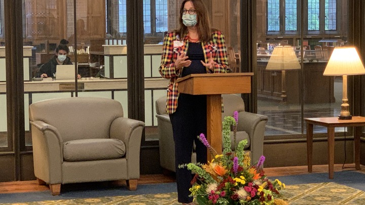 Judy Parr, President of the Friends of the Lehigh University Libraries gives opening remarks at 10th annual Harvest of Ideas reception in Linderman Library