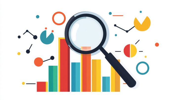 Data analysis graphics surrounding a magnifying glass