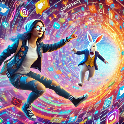 AI-generated image of a modern Alice and a white rabbit floating in a digital wormhole of data and graphics
