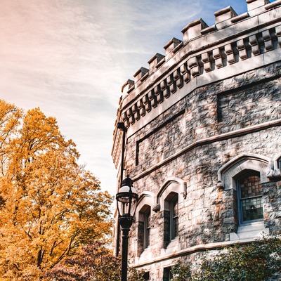 exterior Linderman library rotunda with tree in background