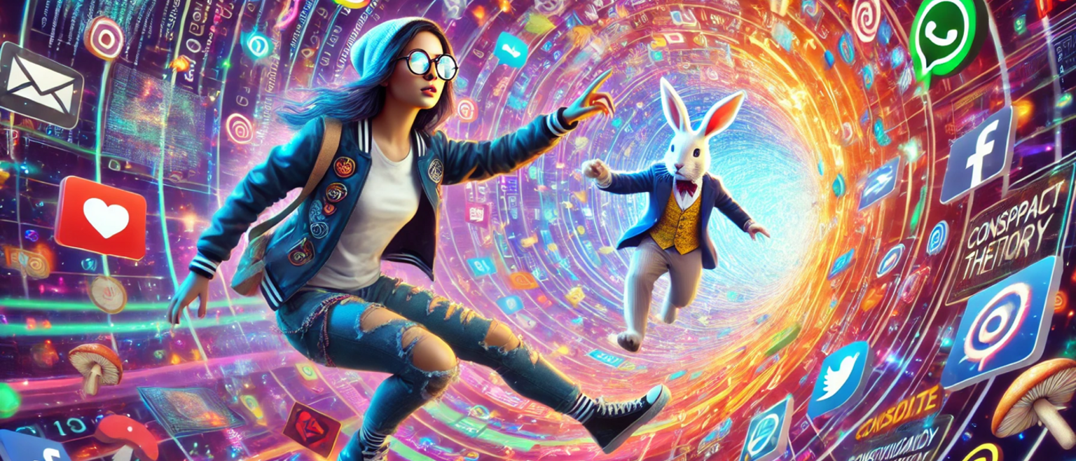 AI-generated image of a modern Alice and a white rabbit floating in a digital wormhole of data and graphics