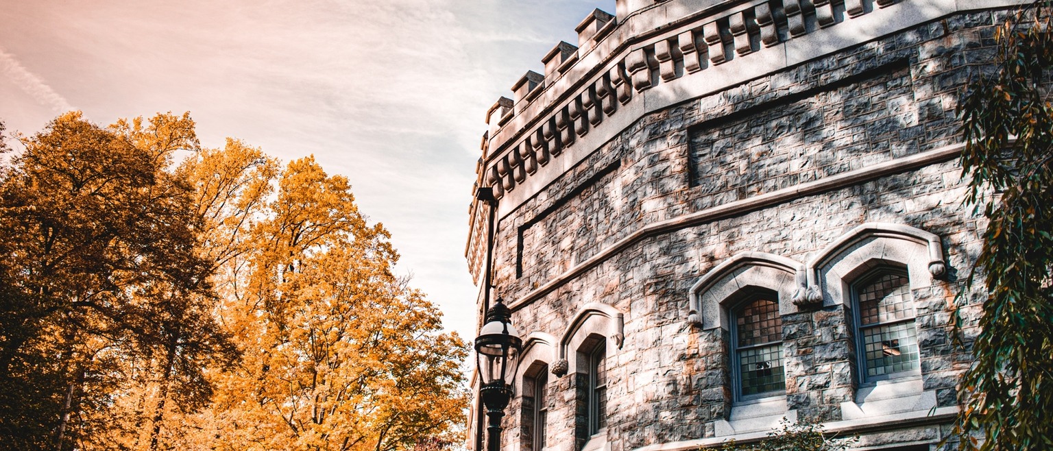 exterior Linderman library rotunda with tree in background